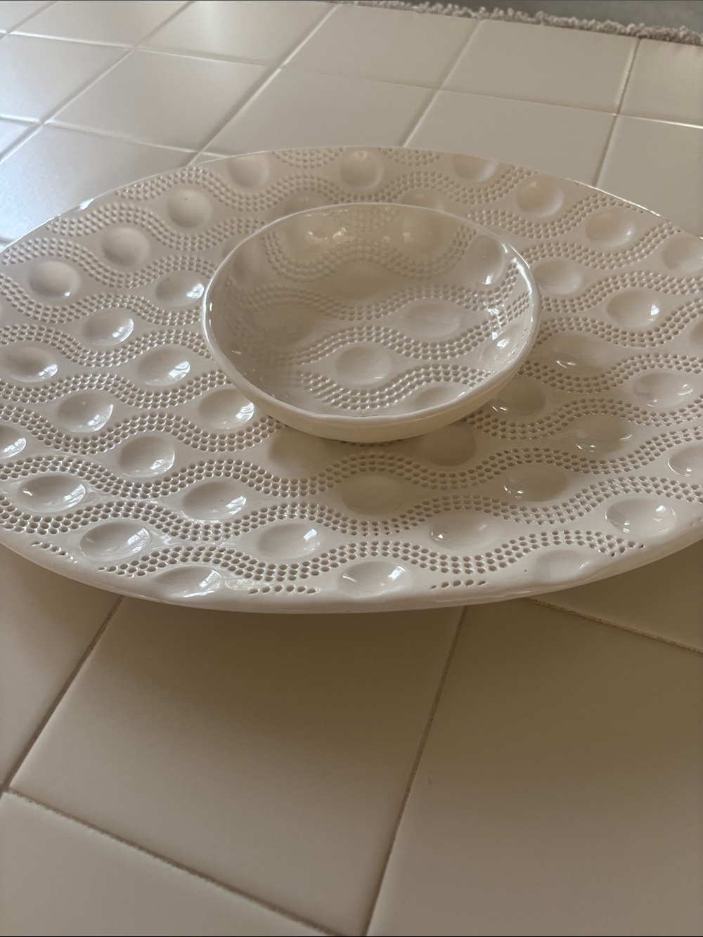Cream Textured Serving Platter with Dipping Bowl - Home Dining
